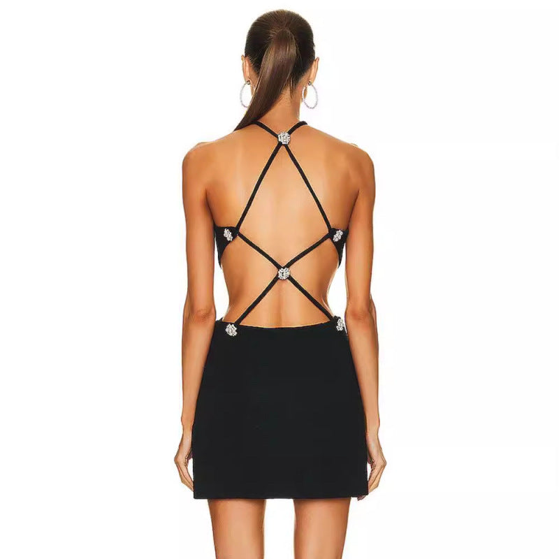 New Women’s Backless Halter Bondage Hollowed Out Waist Party Dress