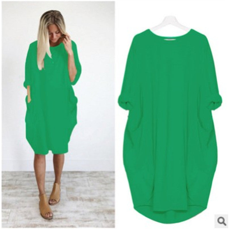 Women's Casual Loose Fitting Long Sleeve Pocket Dress