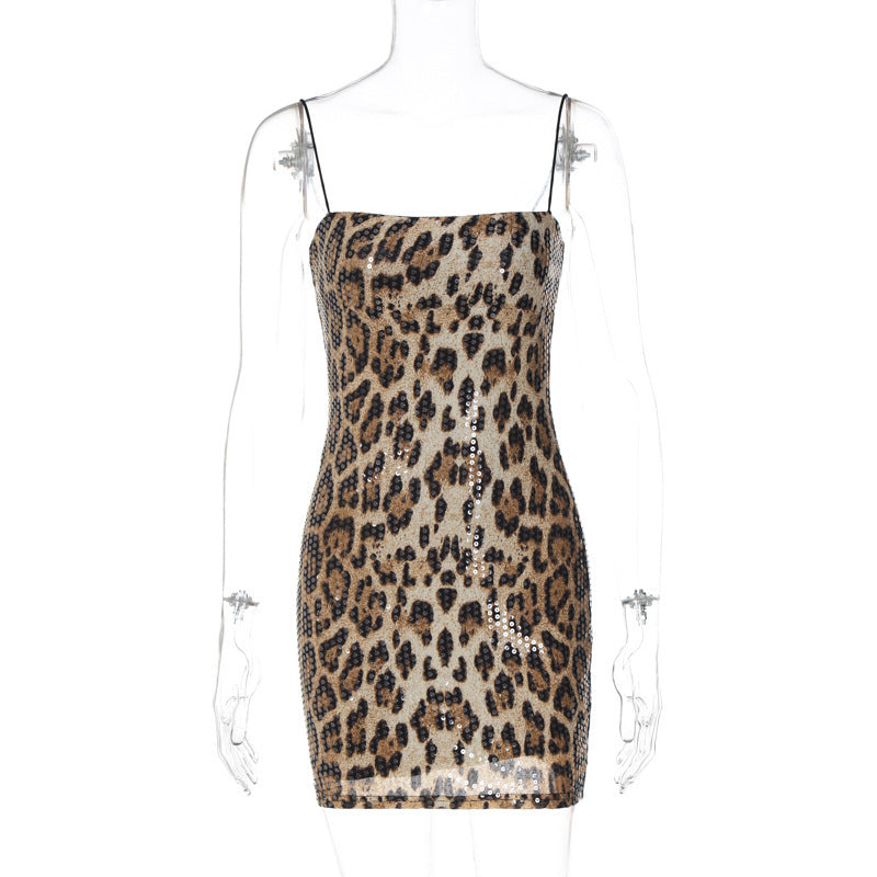 New Women's Fashion Leopard-print Spaghetti Strap Bead Nightclub Dress