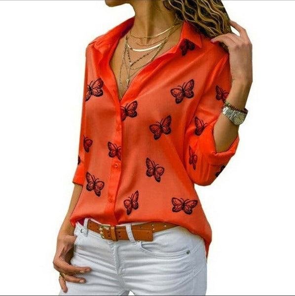 Multi-color Butterfly Print Loose Lapel Blouse