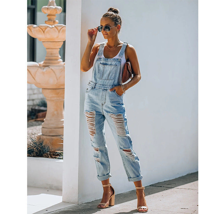 Women’s Distressed Casual Cotton Denim Jumpsuit