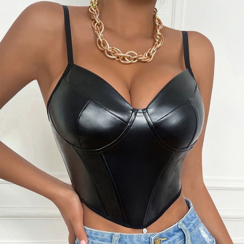 Women’s Sexy Faux Leather Spaghetti Strap Halter Top