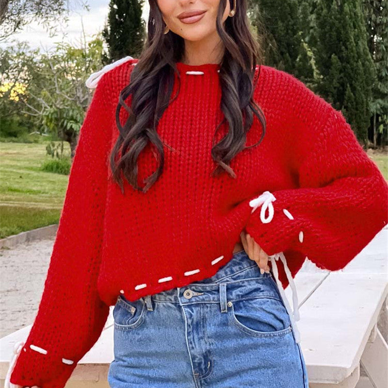 Women's Loose Fit Wide Neck Draw String Knit Sweater