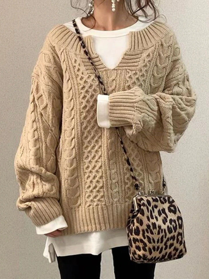 New Women's Linen Pattern Knitted Wide Neck Sweater