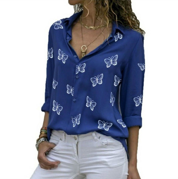 Multi-color Butterfly Print Loose Lapel Blouse