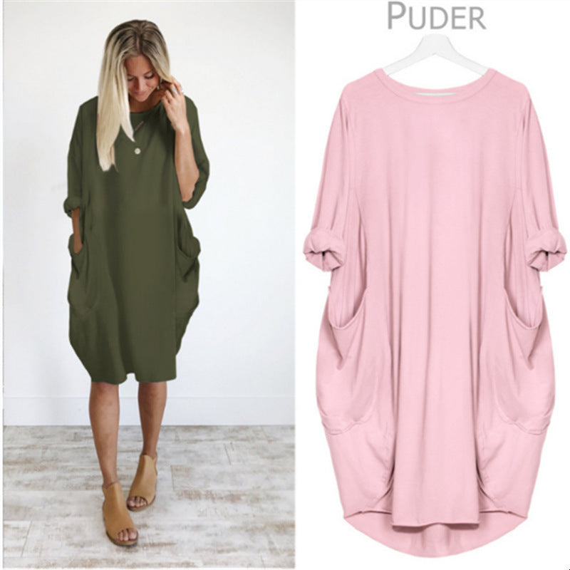 Women's Casual Loose Fitting Long Sleeve Pocket Dress