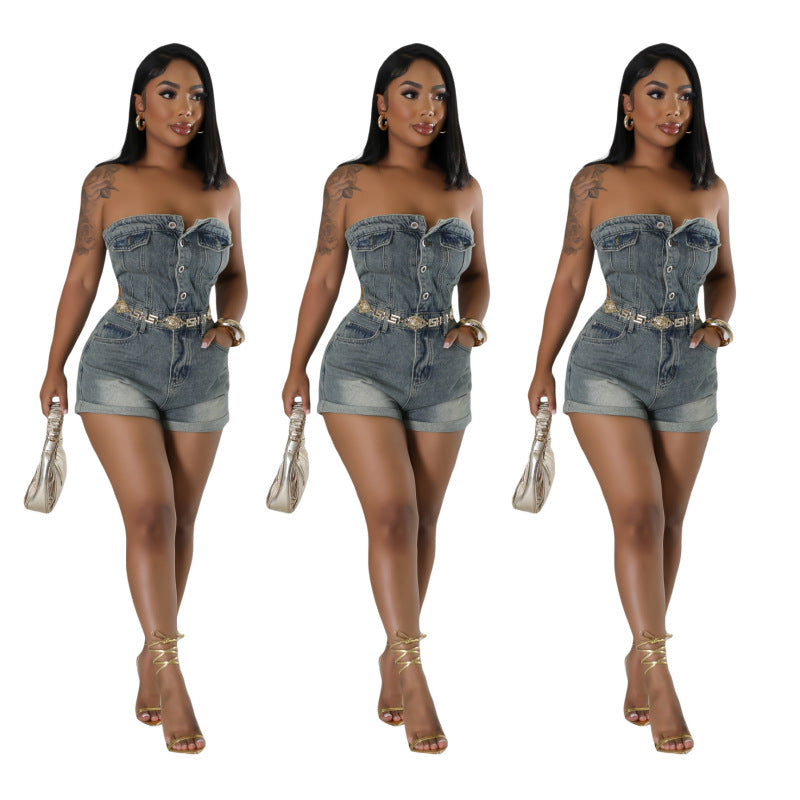 Women's Casual Strapless Denim Halter Style Romper