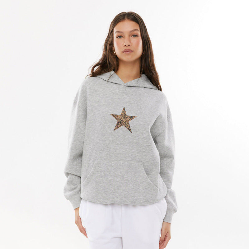 Grey Leopard Five Pointed Star Loose Hooded Sweatshirt