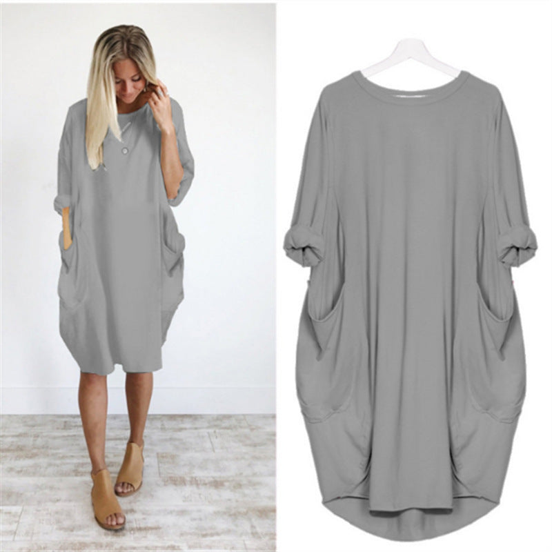 Women's Casual Loose Fitting Long Sleeve Pocket Dress