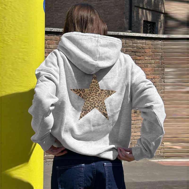 Grey Leopard Five Pointed Star Loose Hooded Sweatshirt