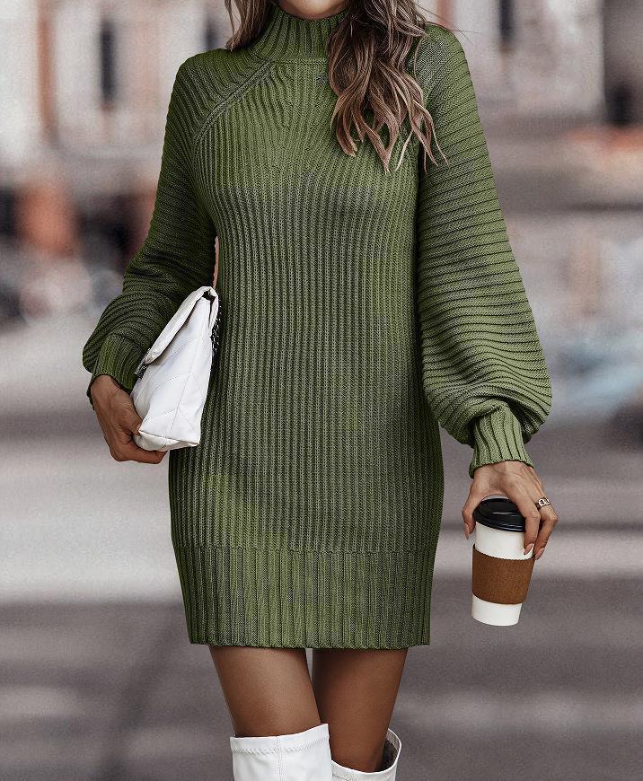 Women's Ribbed Knit Lantern Sleeve Sweater Dress