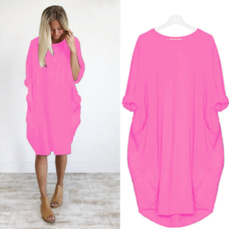 Women's Casual Loose Fitting Long Sleeve Pocket Dress