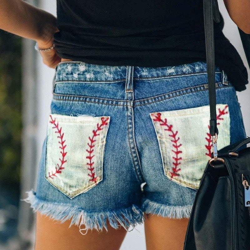 Women's American Flag Pocket Button Up Distressed Denim Shorts