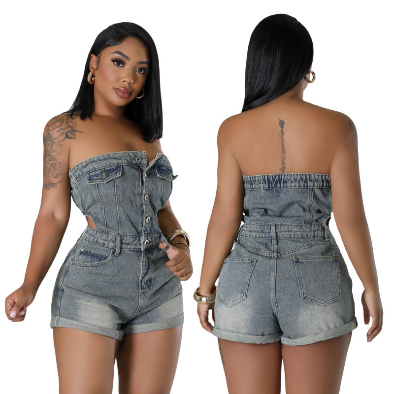 Women's Casual Strapless Denim Halter Style Romper