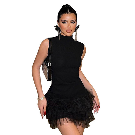 Women's Tulle Layered Skirt Sleeveless Waist Cinching Slimming Party Dress