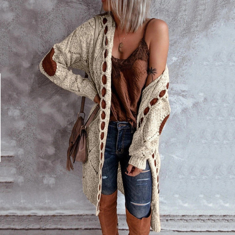 Women's Long Winter Knit Sweater Cardigan With Patch Sleeves