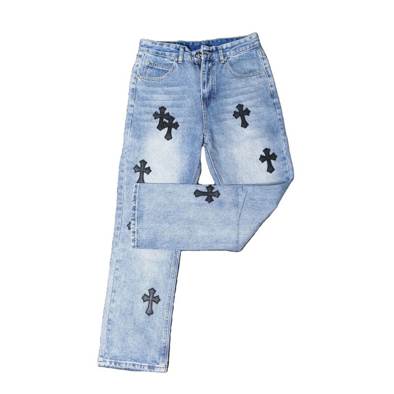 Women's Vintage High-Waisted Light Wash Denim Jeans with Cross Patchwork