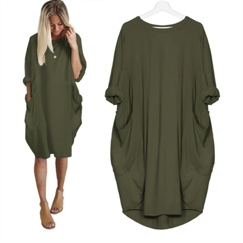 Women's Casual Loose Fitting Long Sleeve Pocket Dress