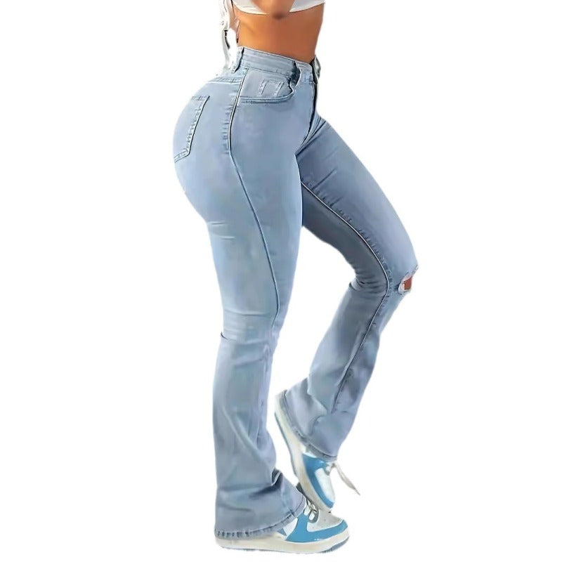 Women’s Ripped Knee Butt Lifting/Shaping Stretch Wide Leg Jeans