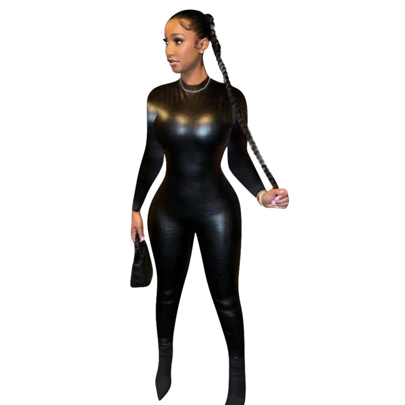 New Women's Faux Leather Snake Print Long Sleeve Jumpsuit