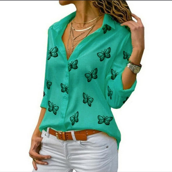 Multi-color Butterfly Print Loose Lapel Blouse