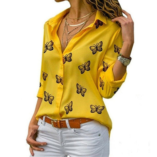 Multi-color Butterfly Print Loose Lapel Blouse