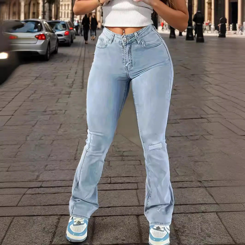 Women’s Ripped Knee Butt Lifting/Shaping Stretch Wide Leg Jeans