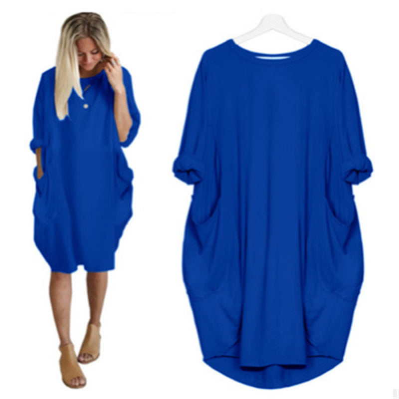 Women's Casual Loose Fitting Long Sleeve Pocket Dress